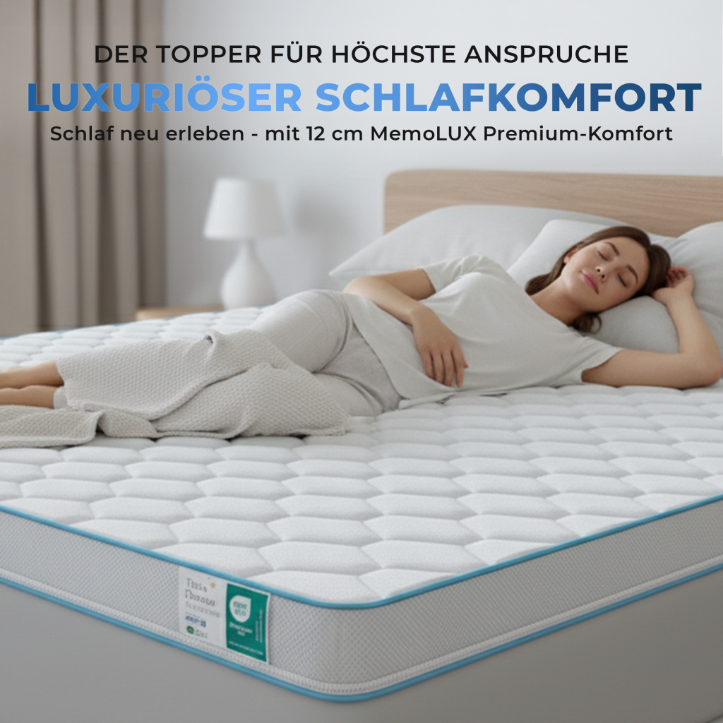 Tesla Dreams MEMO LUX Topper auf einem Bett im Schlafzimmer