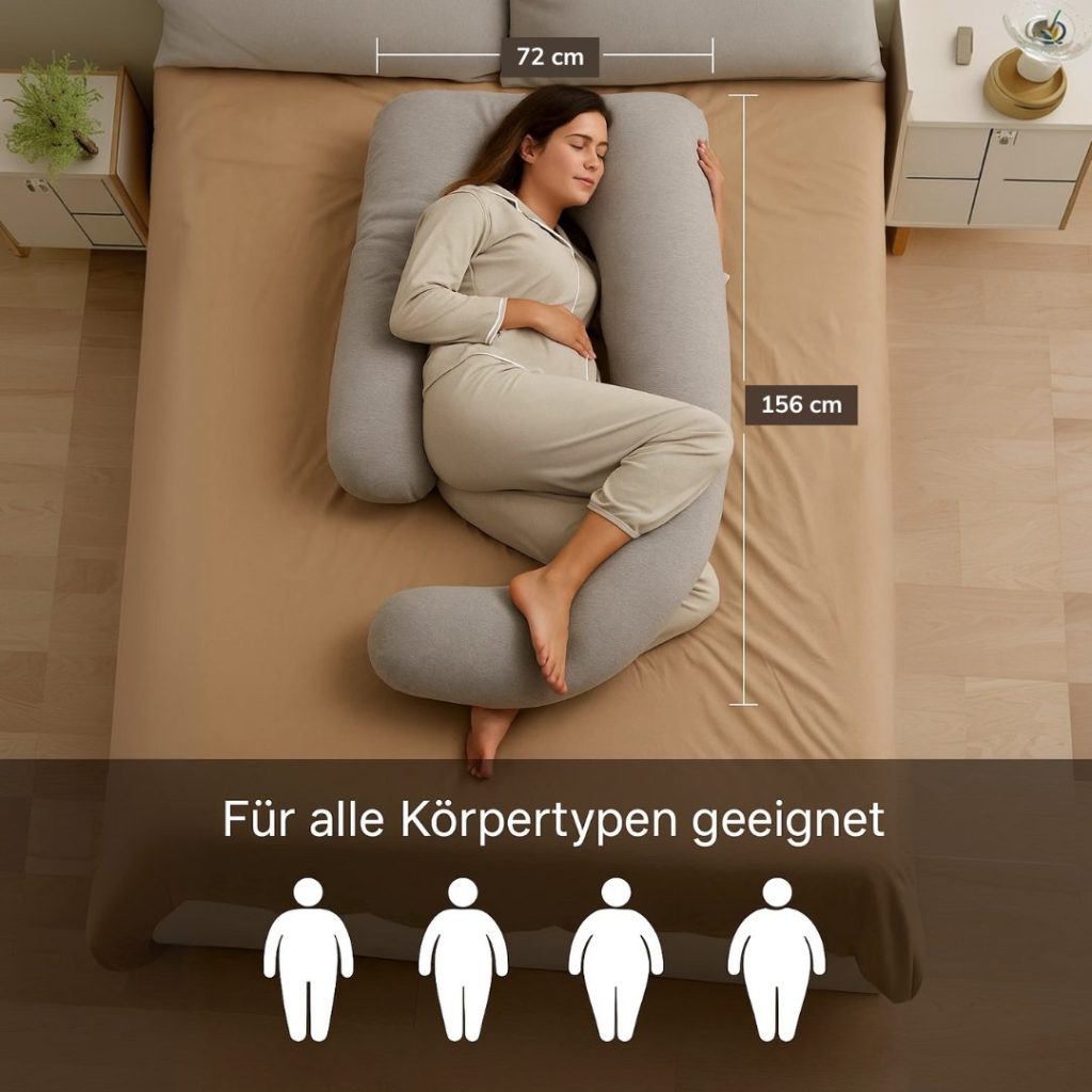 Fitkissen Orthopädisches Körperkissen – Maße 156 mal 72 Zentimeter auf dem Bett
