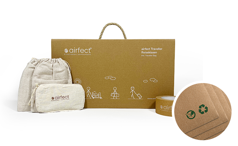 airfect Original Kissen – Verpackung aus Karton mit Stoffbeutel