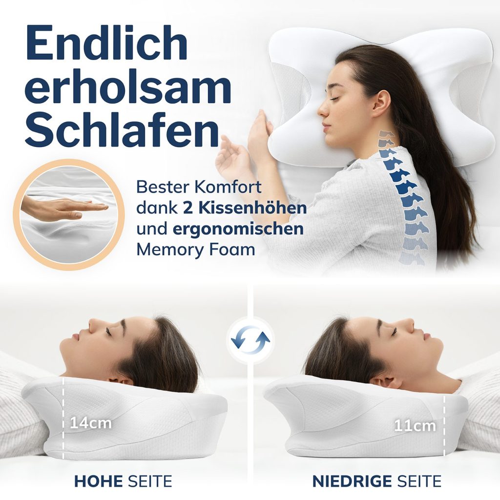 Calmont Ergonomisches Nackenkissen – Seitenprofil der hohen und der niedrigen Seite