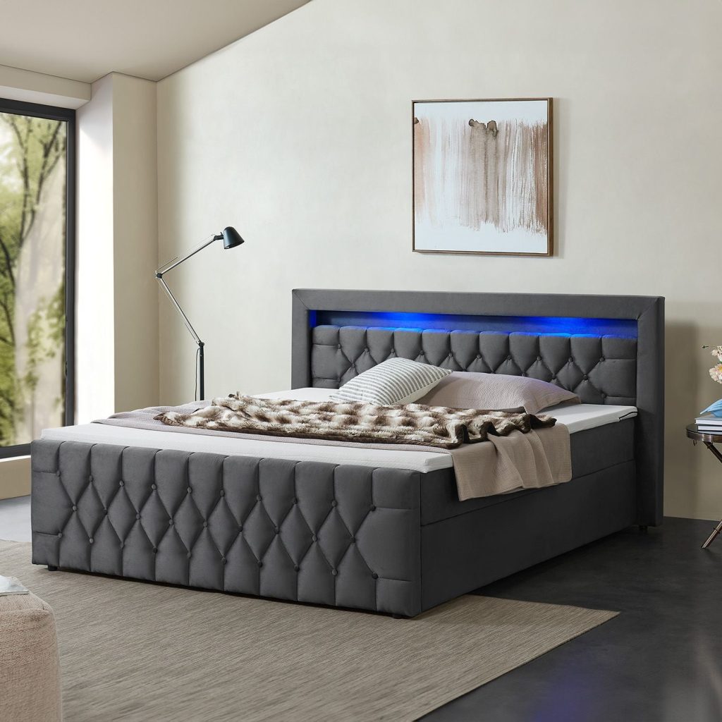Juskys Boxspringbett Leona mit grauem Samtbezug und LED-Kopfteil