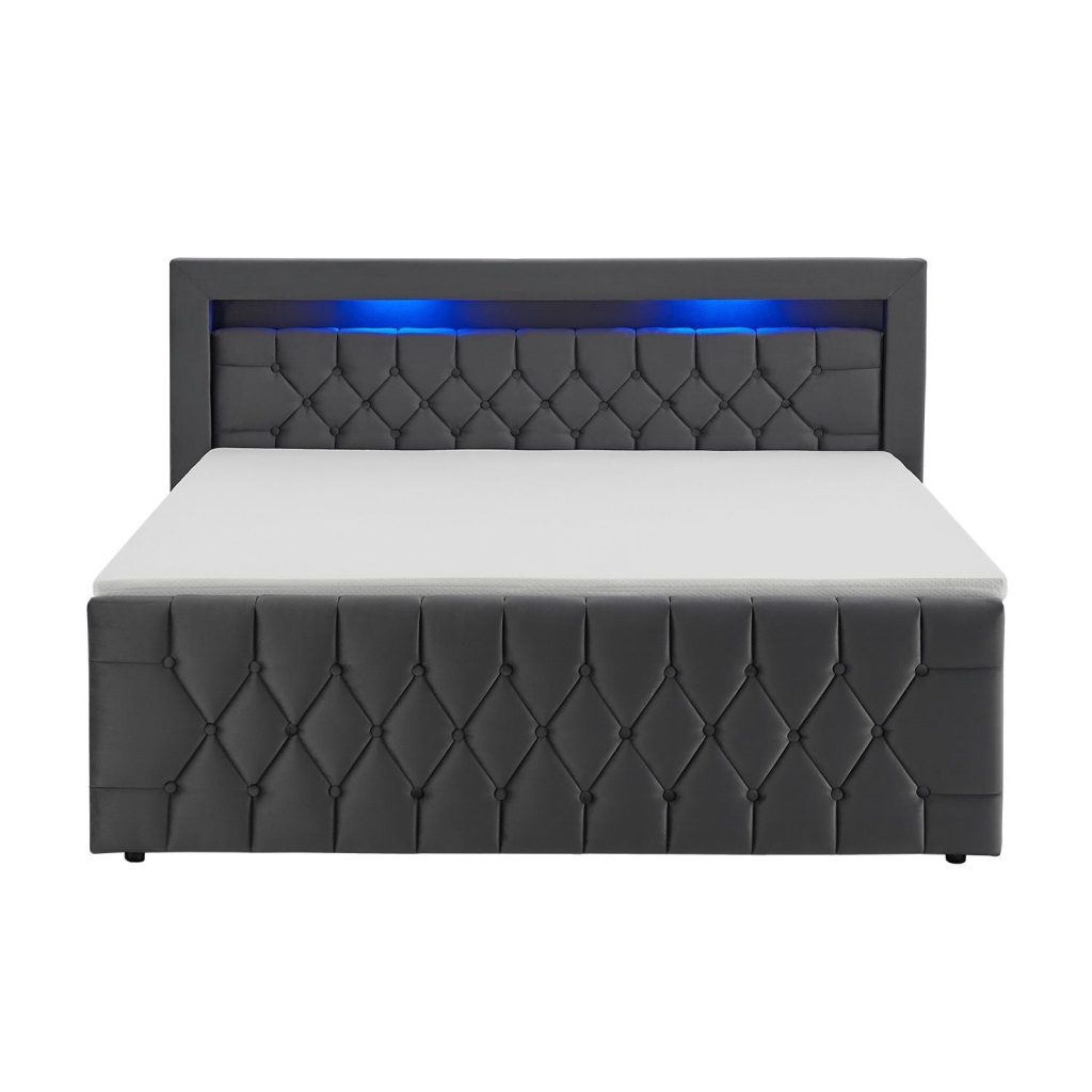 Juskys Boxspringbett Leona mit grauem Samtbezug und LED-Kopfteil
