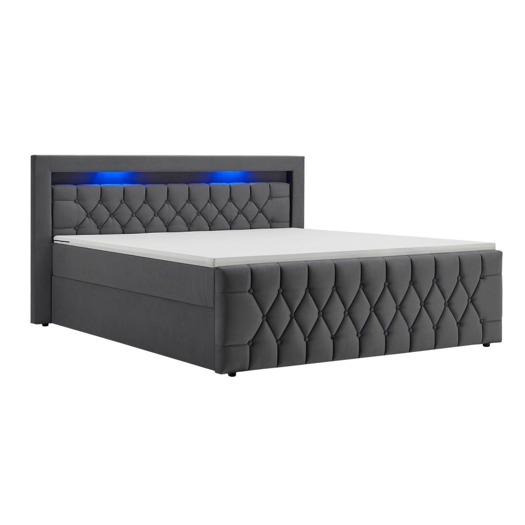 Juskys Boxspringbett Leona mit grauem Samtbezug und LED-Kopfteil