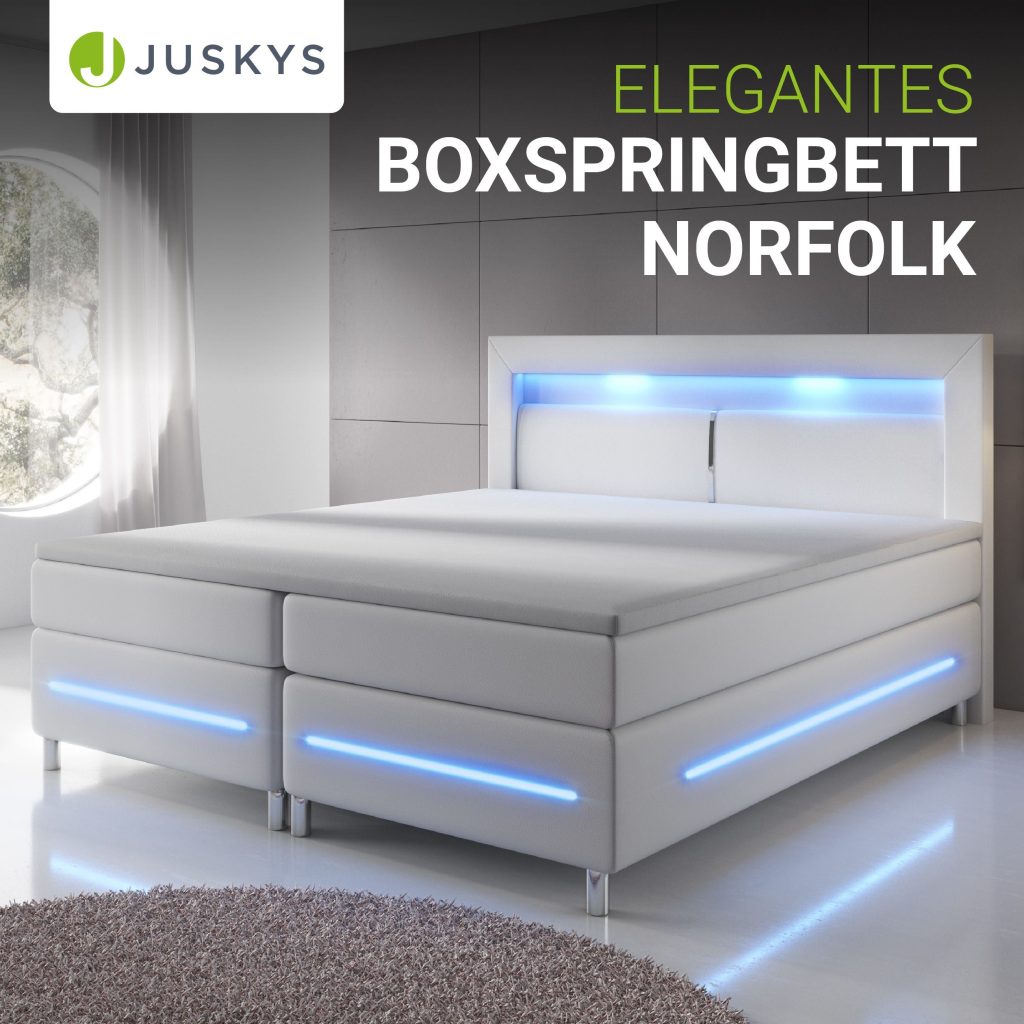 Juskys Boxspringbett Norfolk in Weiß mit LED-Kopfteil
