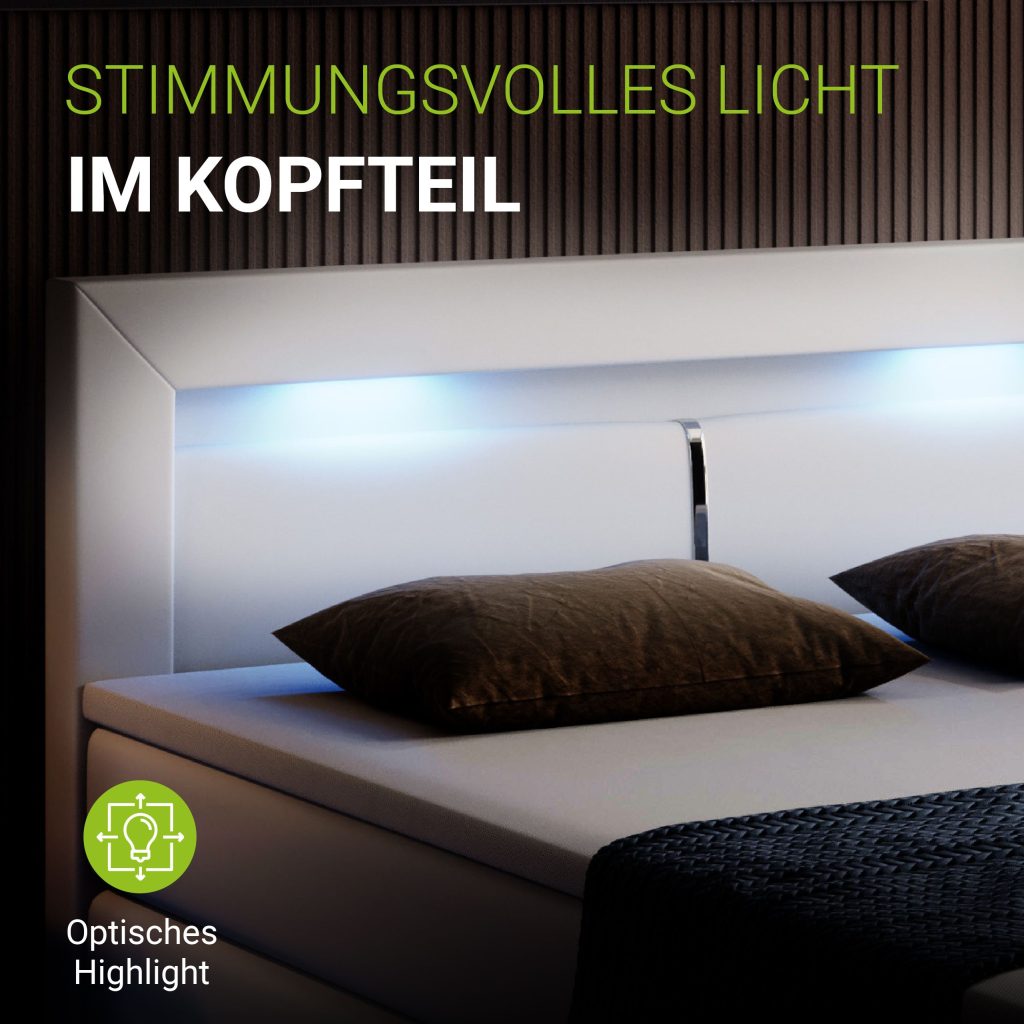 Juskys Boxspringbett Norfolk in Weiß mit LED-Kopfteil