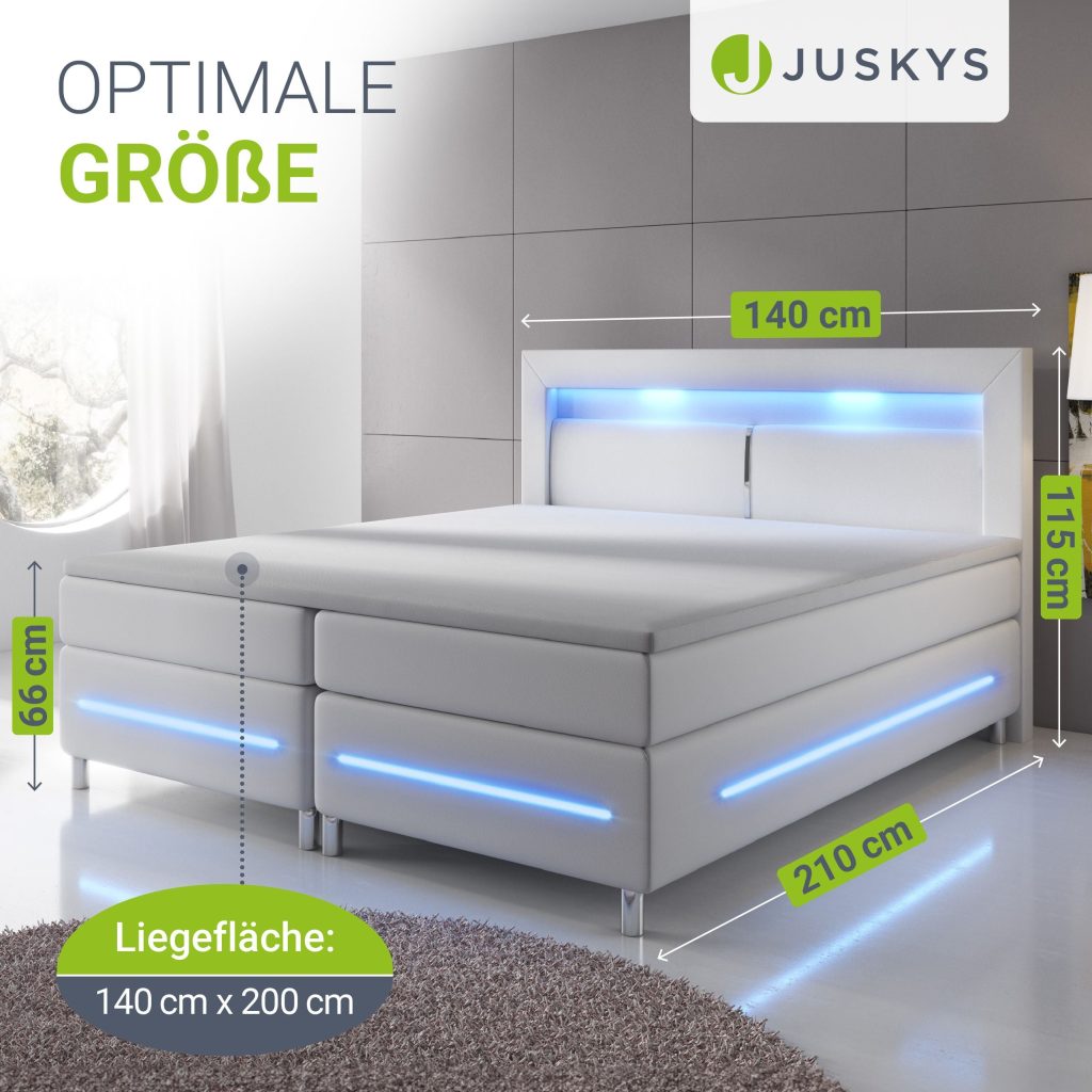 Juskys Boxspringbett Norfolk in Weiß mit LED-Kopfteil