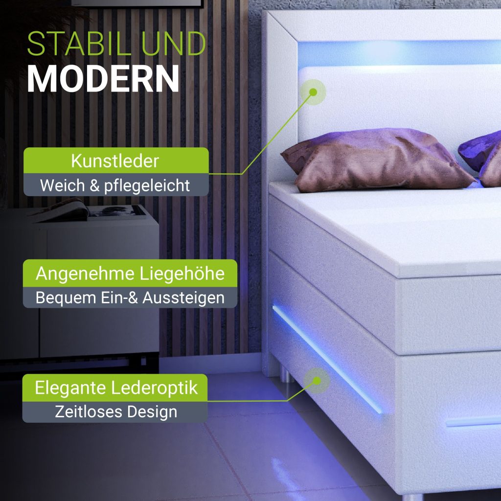 Juskys Boxspringbett Norfolk in Weiß mit LED-Kopfteil