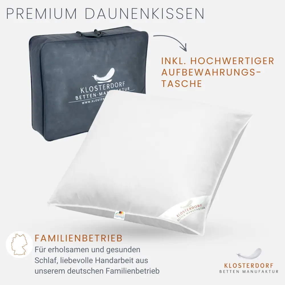 Klosterdorf 3-Kammer Kopfkissen nobel – Kissen und Tasche mit Herstellerhinweisen