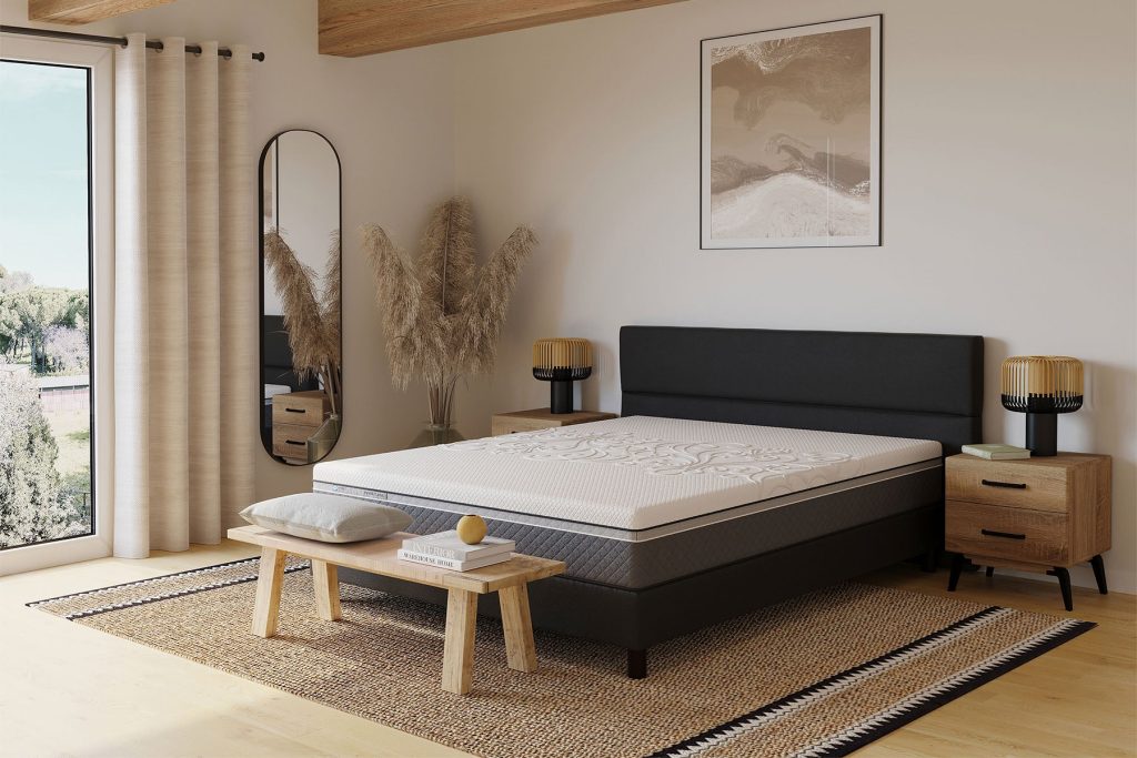 Sealy Hybrid Classic Matratze auf einem Boxspringbett im Schlafzimmer