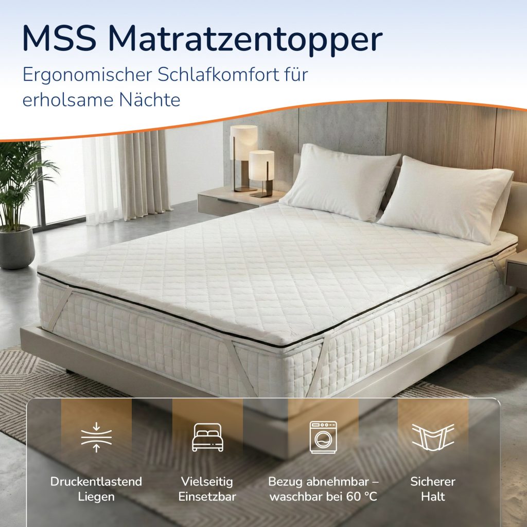 MSS MATTRESS Topper auf einem Doppelbett, Herstellergrafik mit Produktmerkmalen