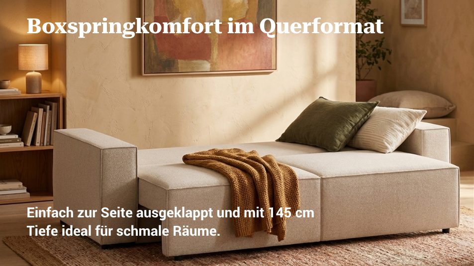 Ausgeklapptes Bruno LOUNGE Schlafsofa mit dem Hinweis auf 145 cm Raumtiefe