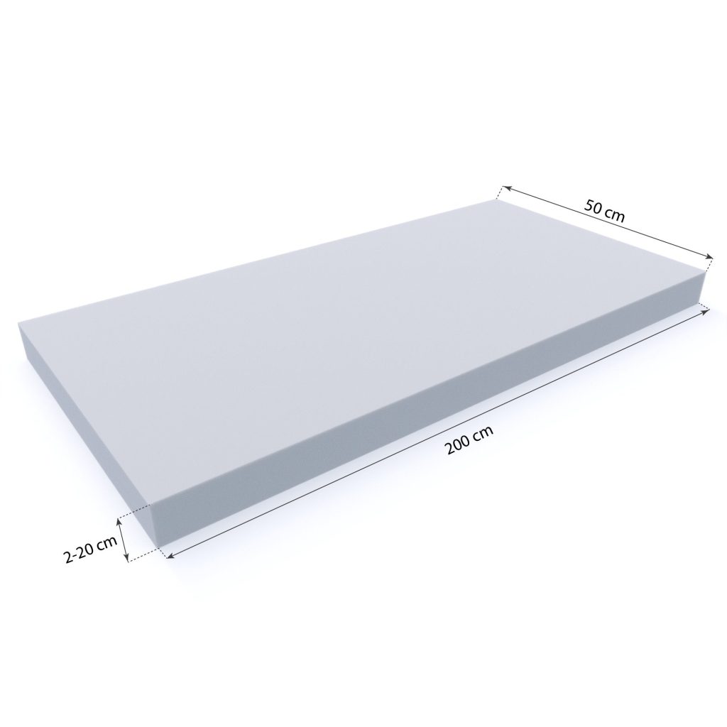 Massskizze der MSS Schaumstoffplatte mit 50 x 200 cm und Hoehen von 2 bis 20 cm