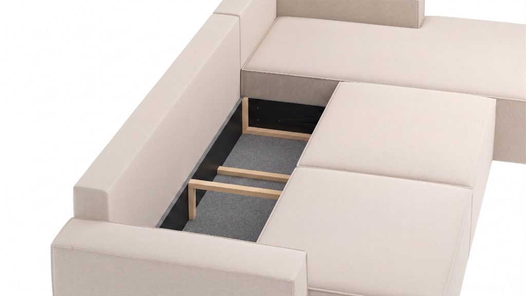 Geöffneter Stauraum unter der Sitzfläche des Bruno LOUNGE Ecksofas