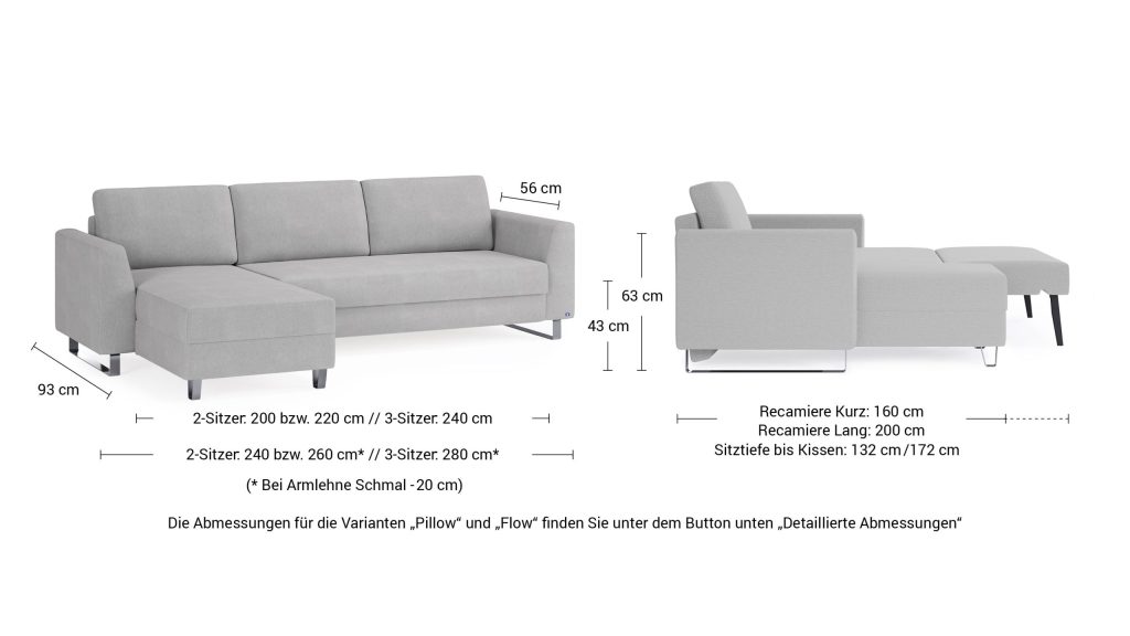 Maßzeichnung des Bruno Ecksofas mit 93 cm Tiefe, 56 cm Sitztiefe und 43 cm Sitzhöhe