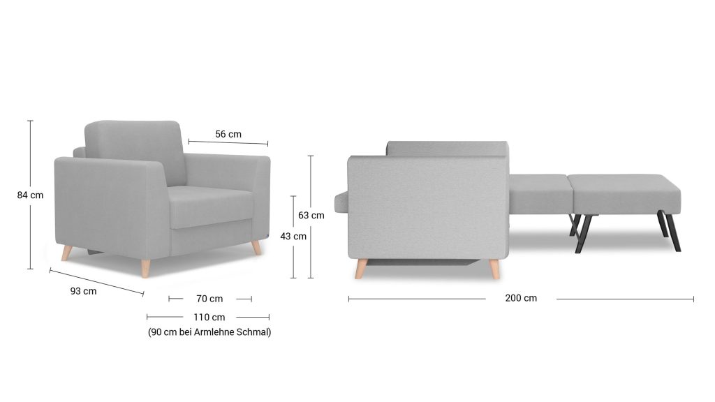 Maßzeichnung des Bruno Schlafsessels mit 110 cm Breite und 200 cm Liegelänge