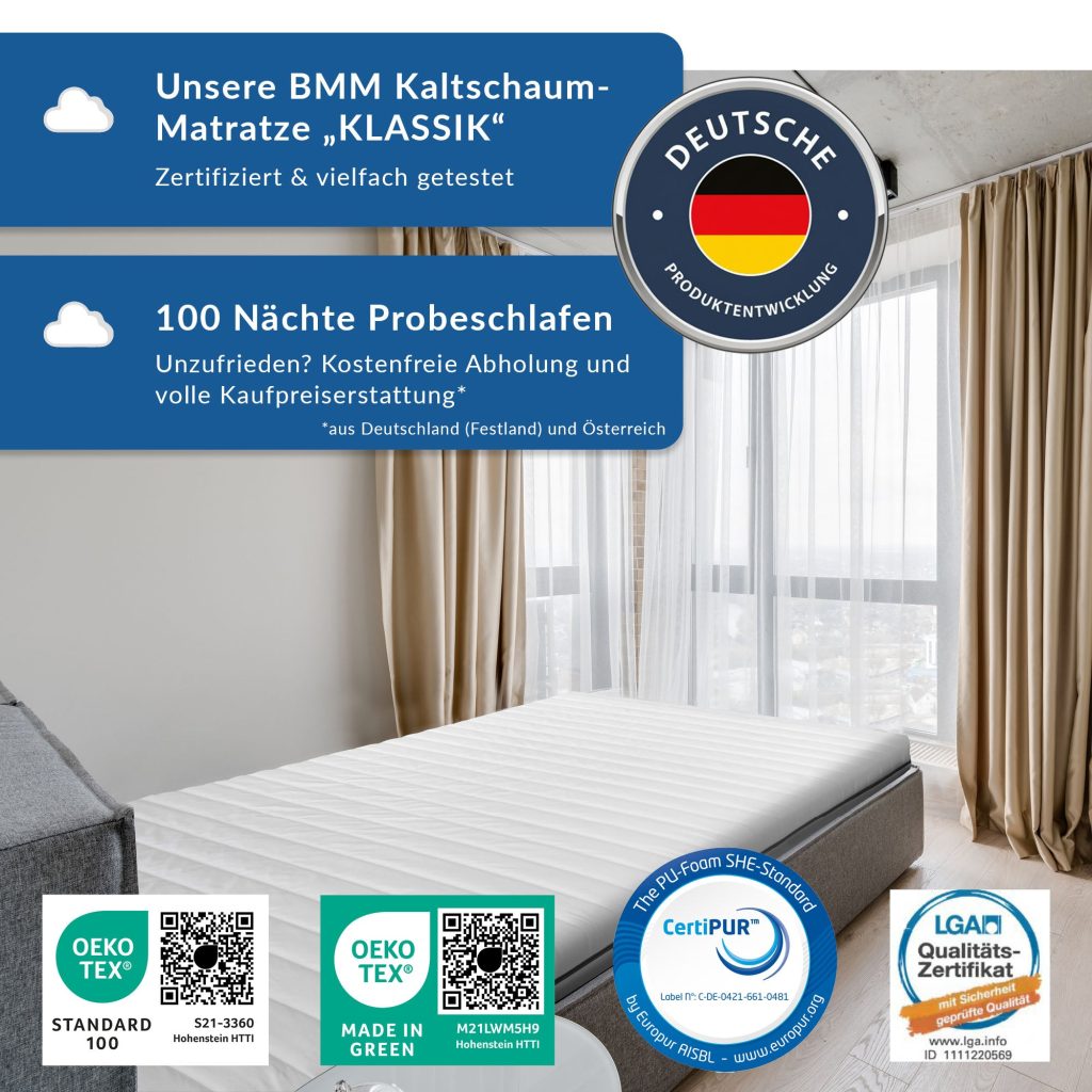 BMM Klassik 19 Kaltschaummatratze auf einem Bett im Schlafzimmer
