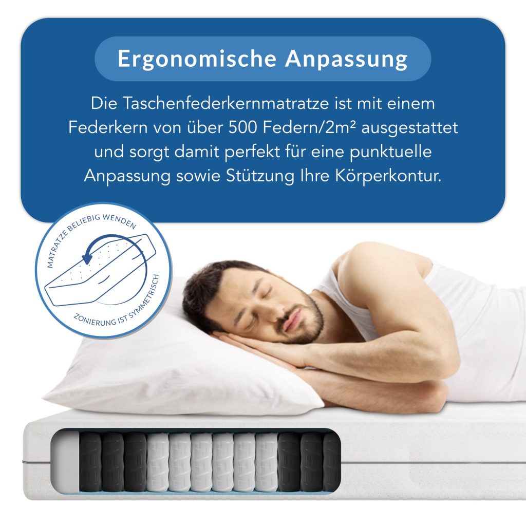 BMM Ortho Medic Taschenfederkernmatratze mit schlafendem Mann im Bett