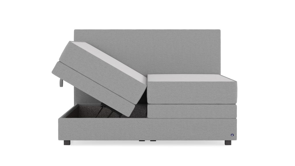 Bruno Boxspringbett Premium mit Stauraum in Hellgrau mit einseitig aufgeklapptem Bettkasten