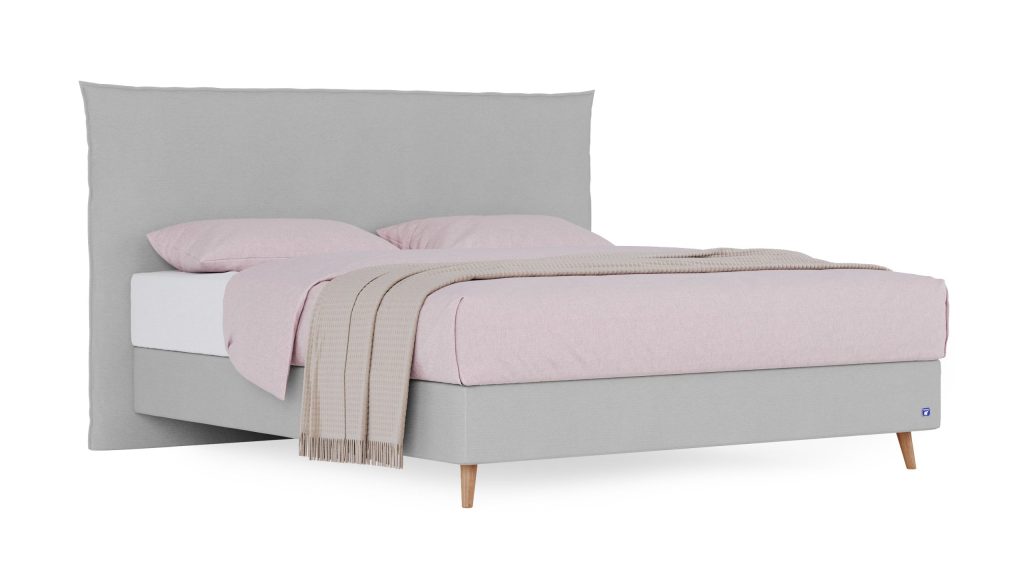 Bruno Boxspringbett Prestige mit gepolstertem Kopfteil Pillow in Hellgrau auf Füßen in Nordischer Eiche
