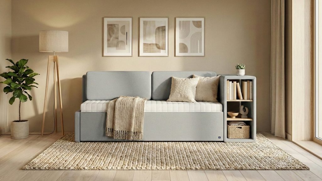 Bruno Flexibett in Hellgrau als Sofa mit Kissen und Regal-Seitenteil im Wohnraum
