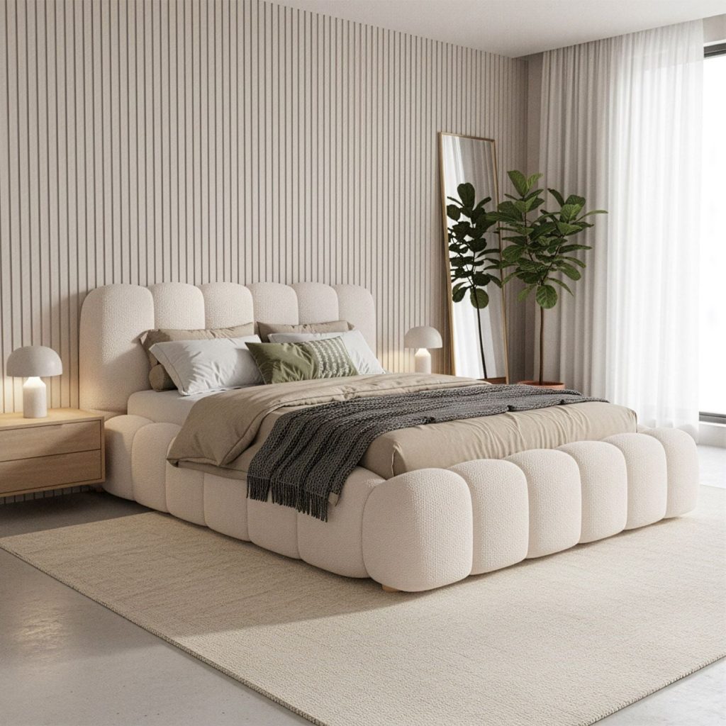 Juskys Polsterbett Catania in Creme in einem Schlafzimmer
