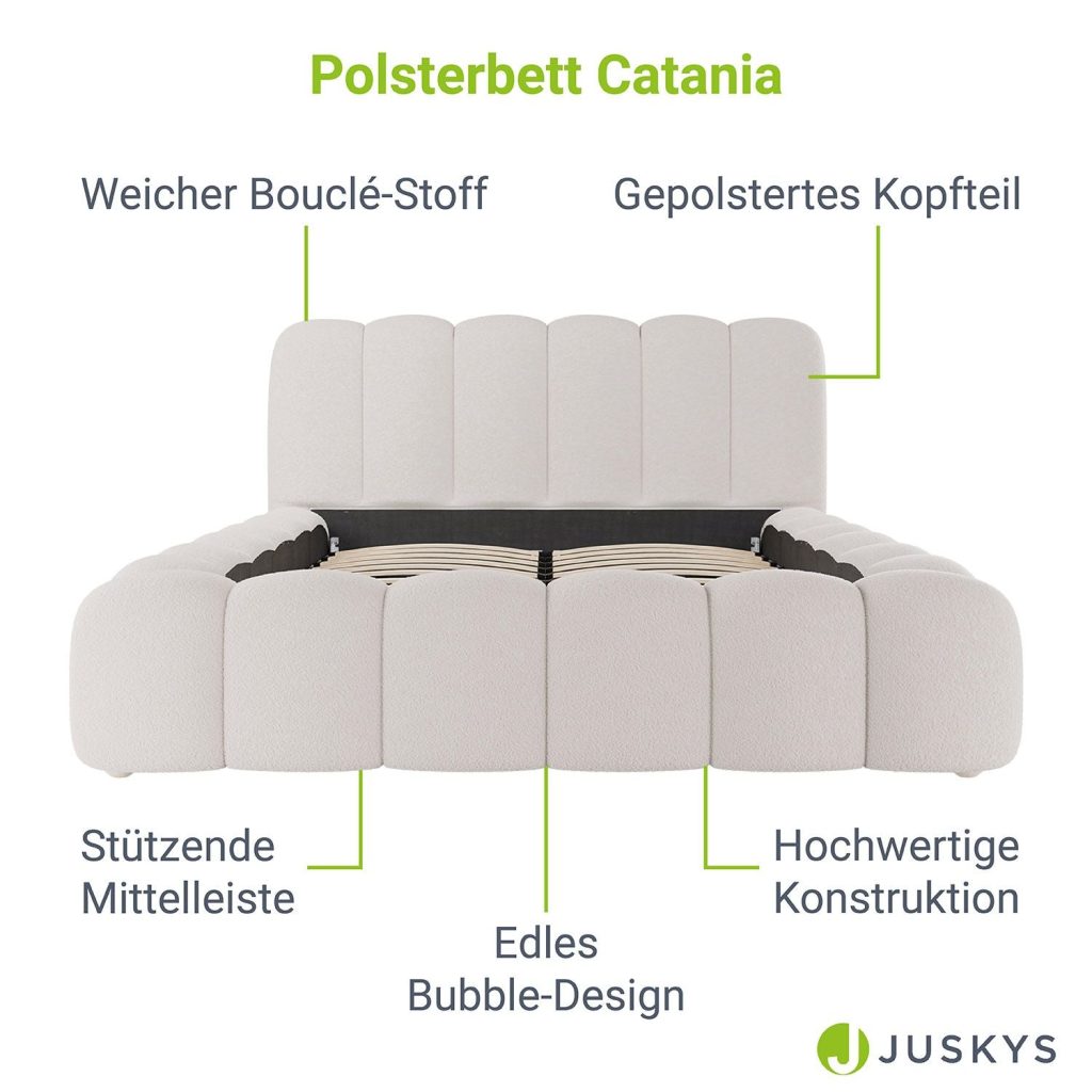 Juskys Polsterbett Catania – Übersicht zu Kopfteil, Mittelleiste und Bouclé-Stoff