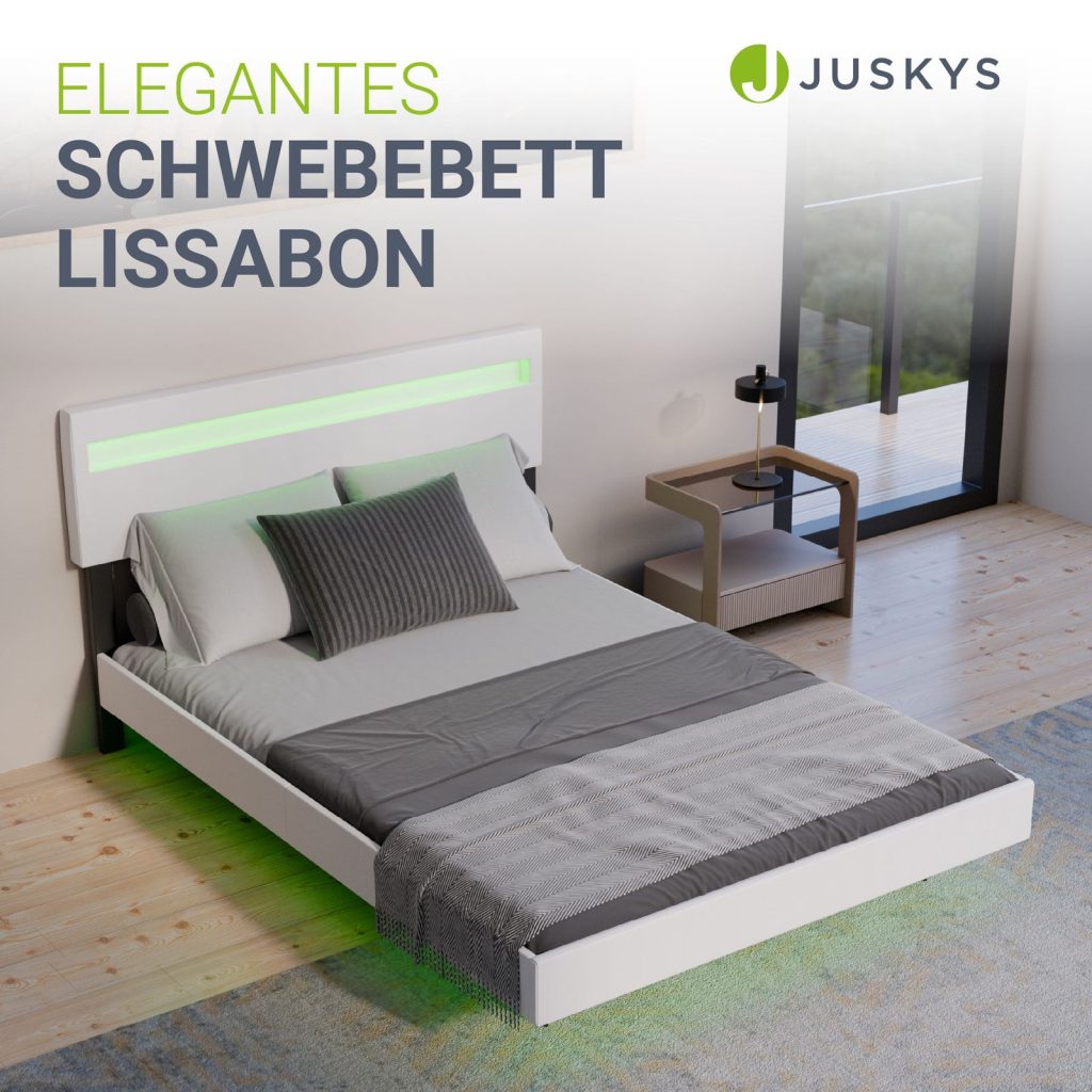 Juskys Schwebebett Lissabon in Weiß in einem Schlafzimmer