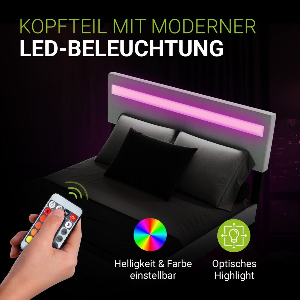 Juskys Schwebebett Lissabon – LED-Beleuchtung im Kopfteil mit Fernbedienung