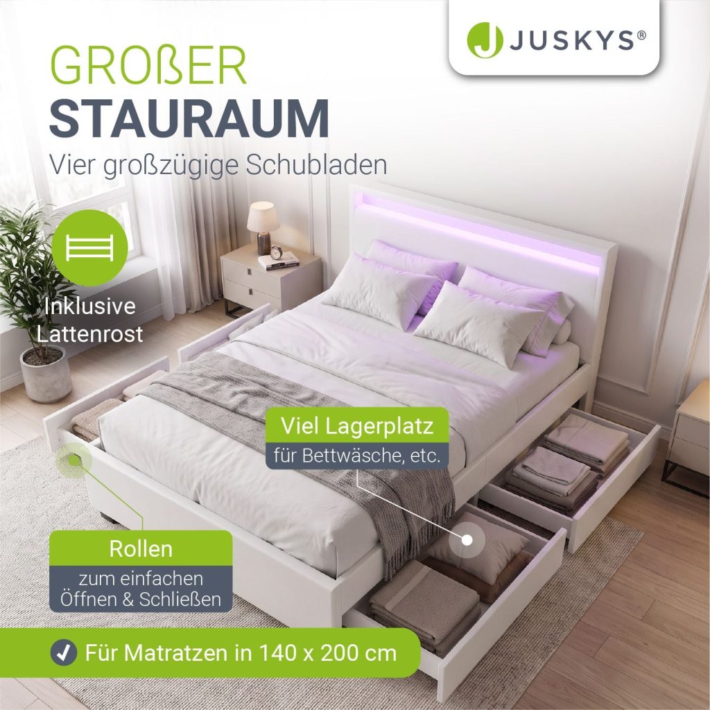 Juskys Polsterbett Lyon – vier ausgezogene Bettkästen im Schlafzimmer