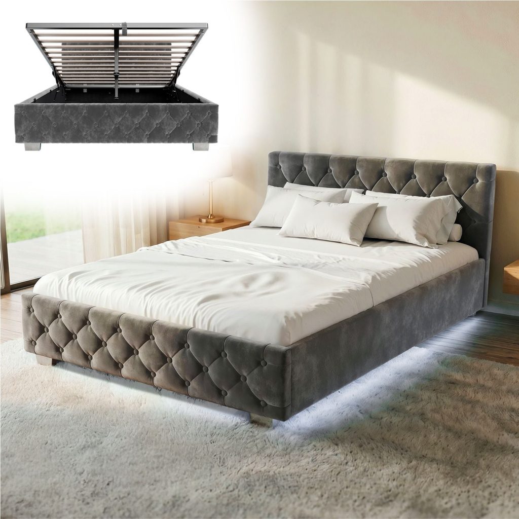 Juskys Polsterbett Nizza in Dunkelgrau mit Chesterfield-Steppung im Schlafzimmer