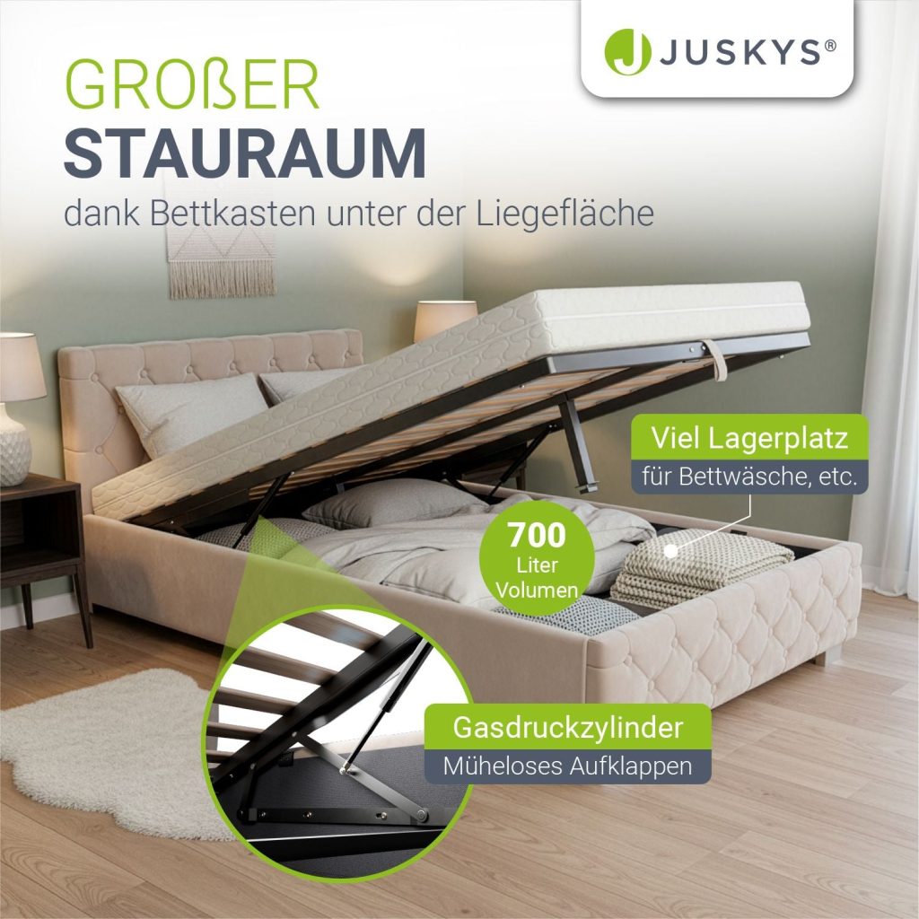 Juskys Polsterbett Nizza – hochgeklappte Liegefläche mit Stauraum und Gasdruckzylinder