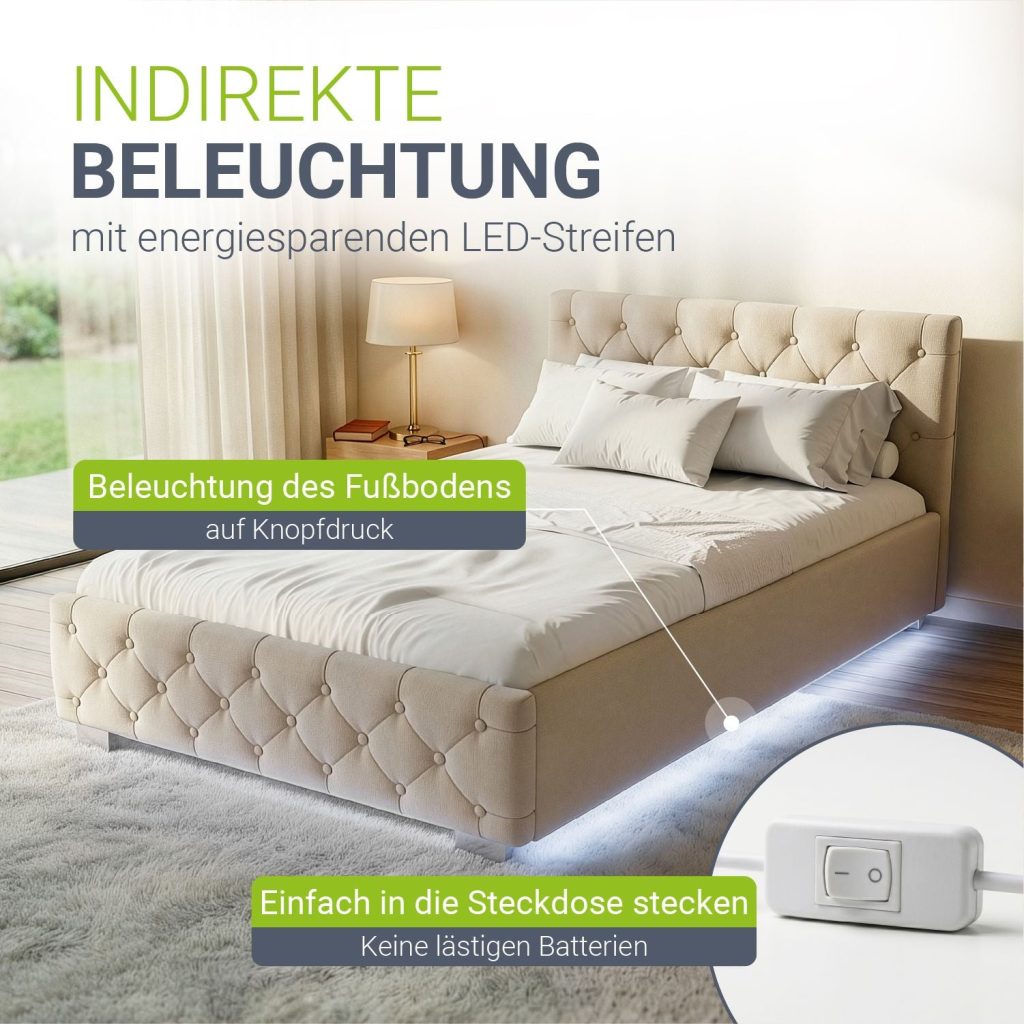 Juskys Polsterbett Nizza – indirekte LED-Beleuchtung des Fußbodens