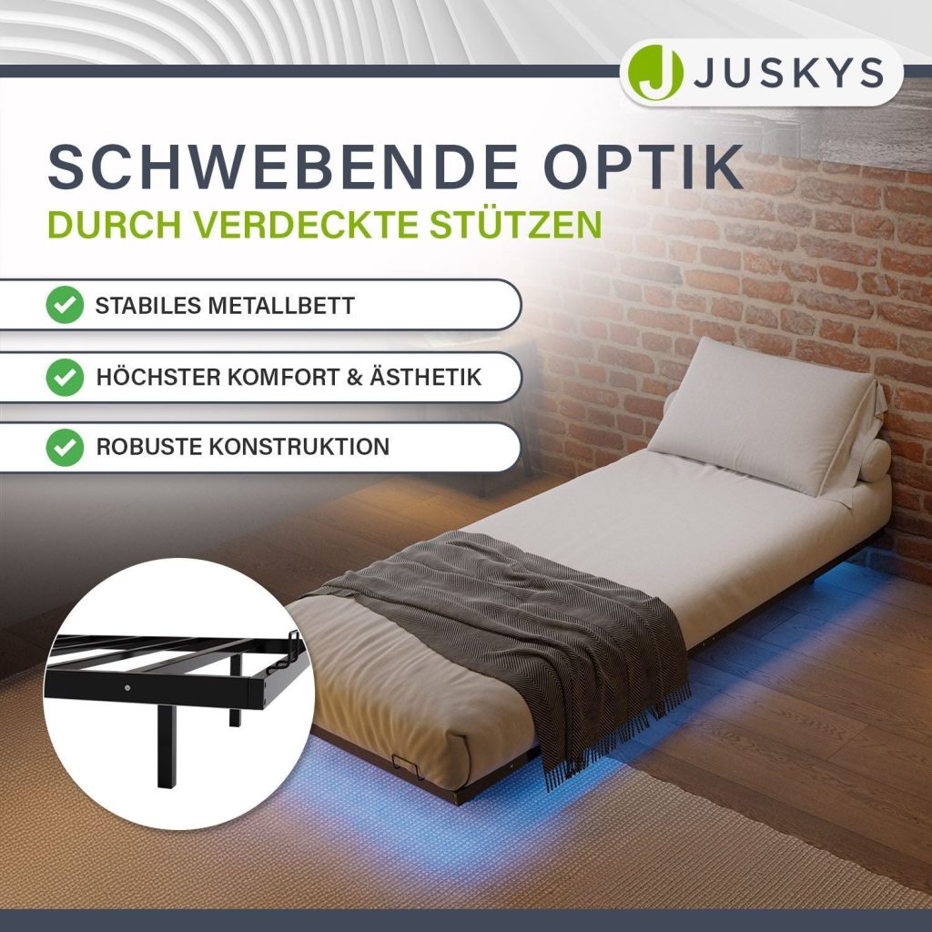 Juskys Metallbett Palamos – verdeckte Stützen für die schwebende Optik