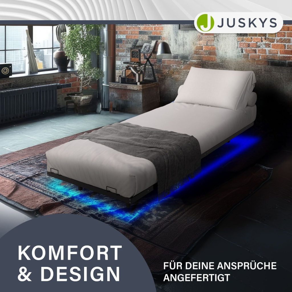 Juskys Metallbett Palamos mit blauer LED-Beleuchtung in einem Raum im Industrial-Stil