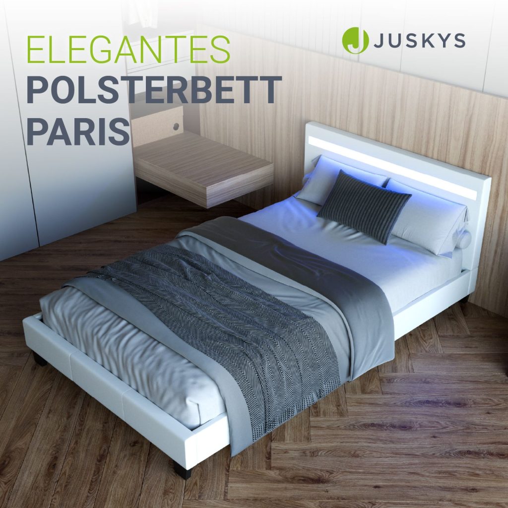 Juskys Polsterbett Paris in Weiß in einem Schlafzimmer