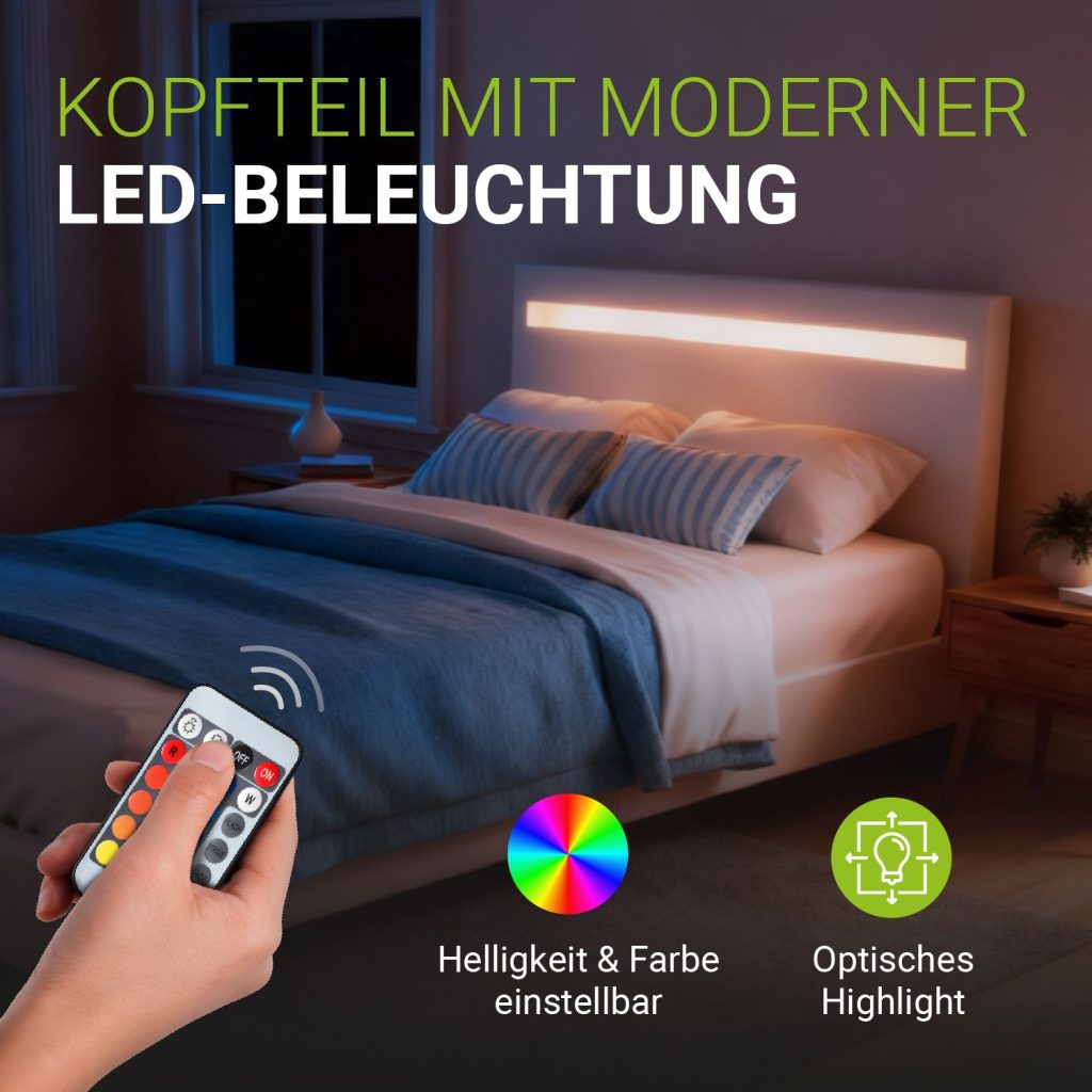 Juskys Polsterbett Paris – LED-Kopfteil mit Fernbedienung