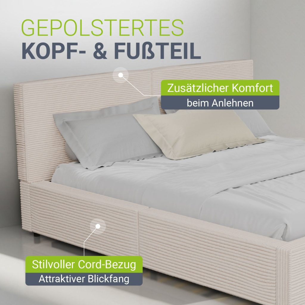Juskys Polsterbett Salerno – gepolstertes Kopf- und Fußteil mit Cord
