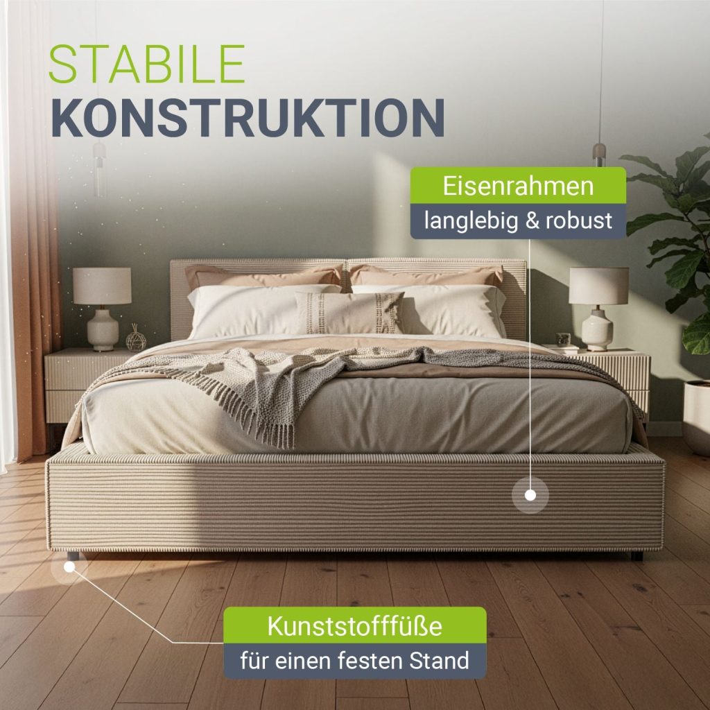 Juskys Polsterbett Salerno – Rahmen und Kunststofffüße im Schlafzimmer