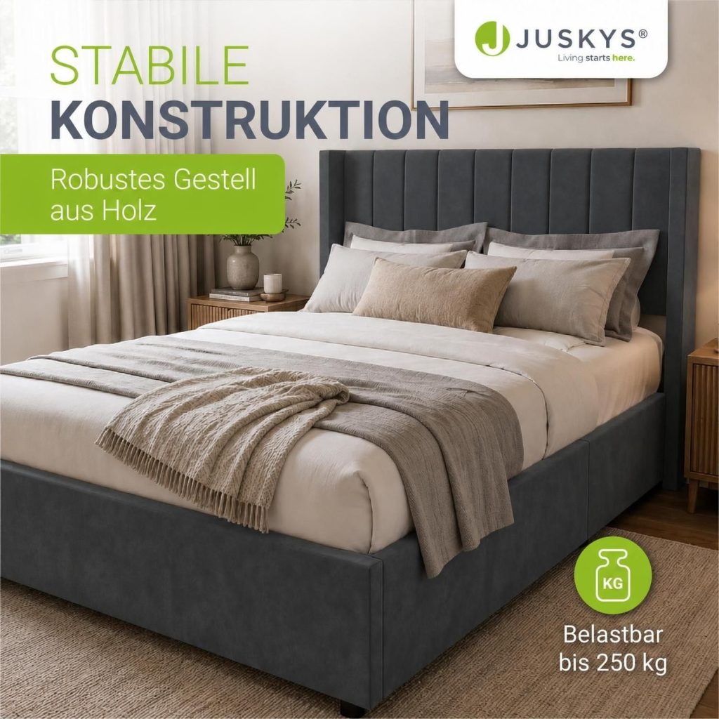 Juskys Polsterbett Savona in Dunkelgrau in einem Schlafzimmer