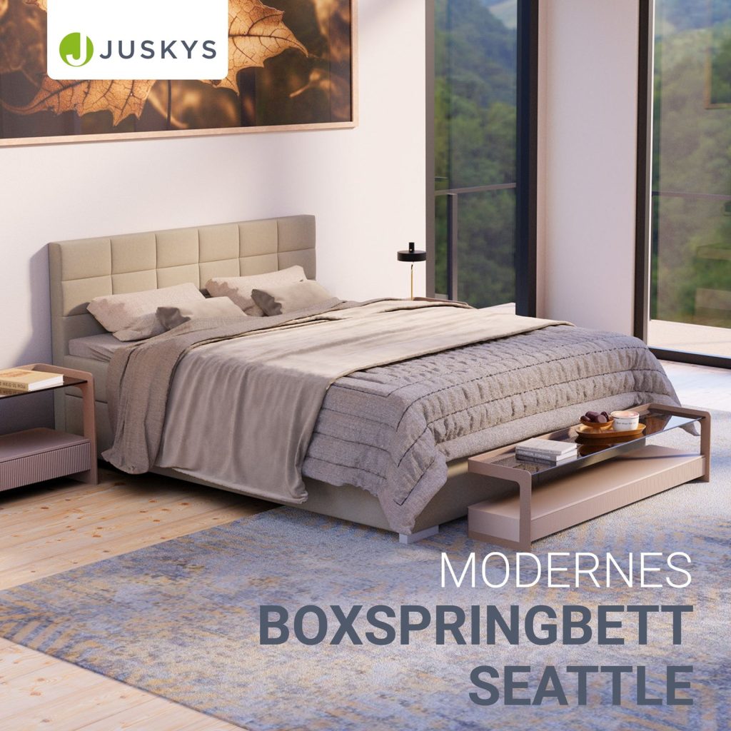 Juskys Boxspringbett Seattle in Beige in einem Schlafzimmer