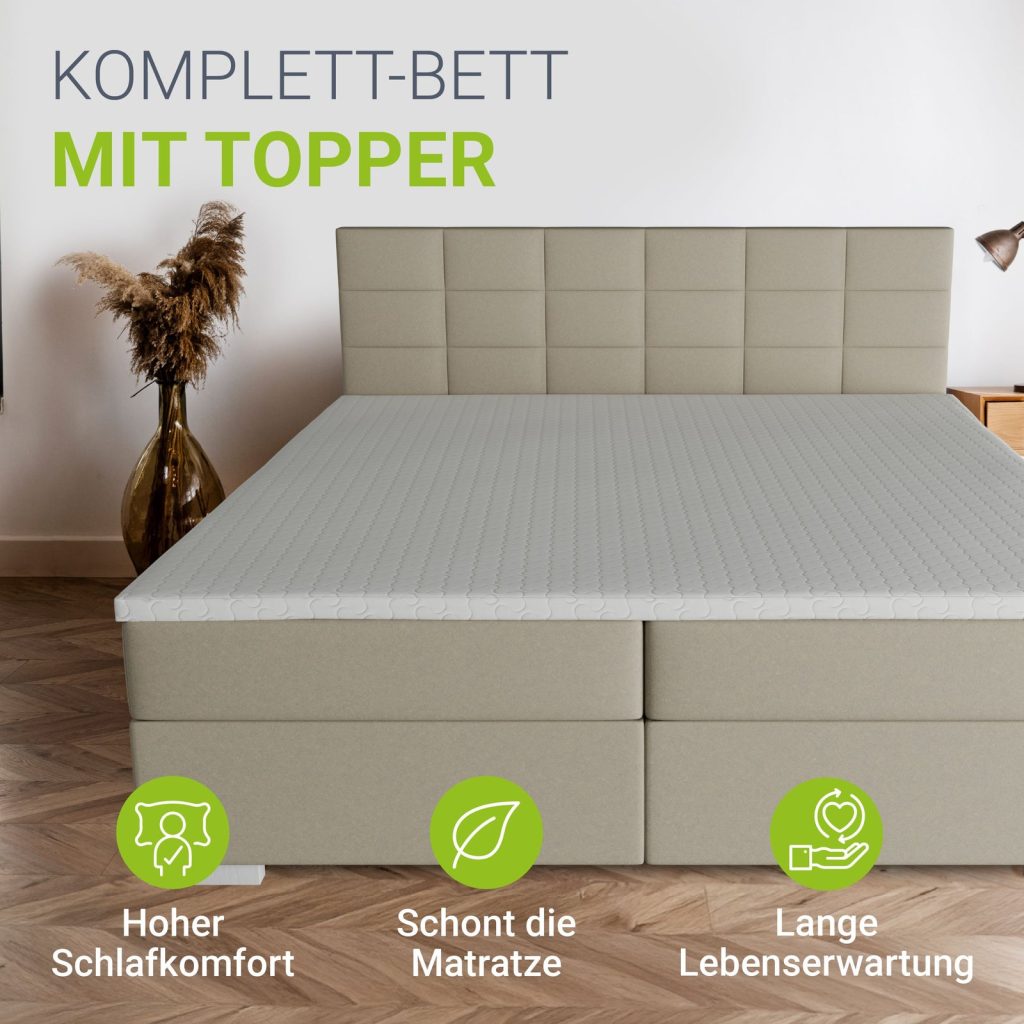 Juskys Boxspringbett Seattle – Komplettbett mit aufliegendem Topper