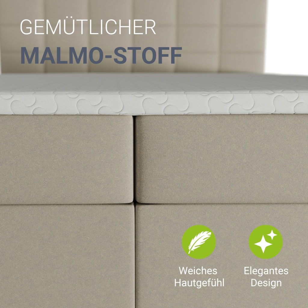 Juskys Boxspringbett Seattle – Nahaufnahme von Malmo-Stoff und Topper