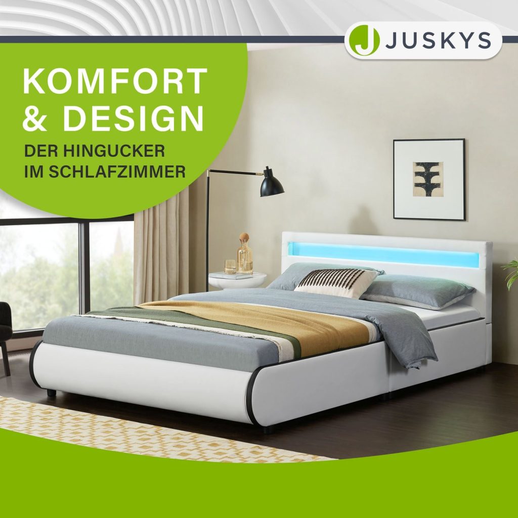 Juskys Polsterbett Sevilla in Weiß in einem hellen Schlafzimmer