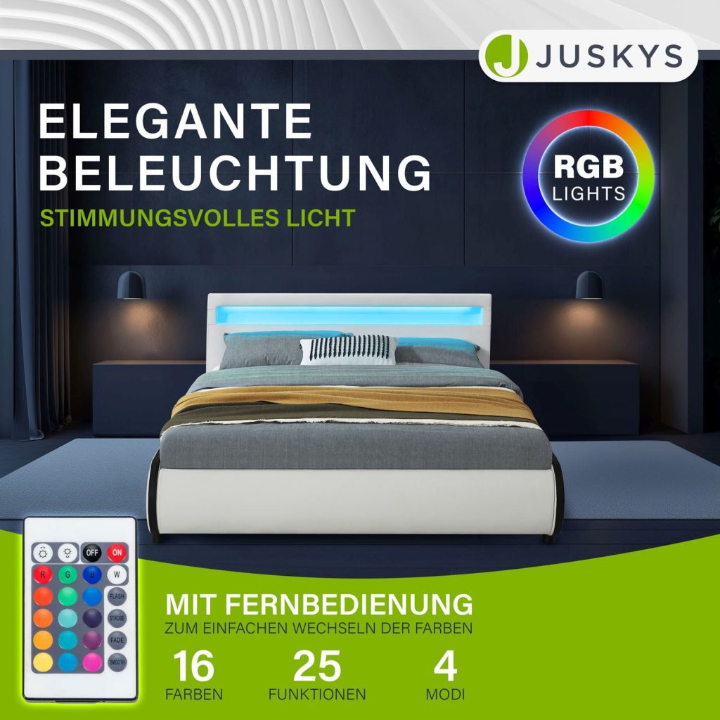 Juskys Polsterbett Sevilla – RGB-Beleuchtung im Kopfteil mit Fernbedienung