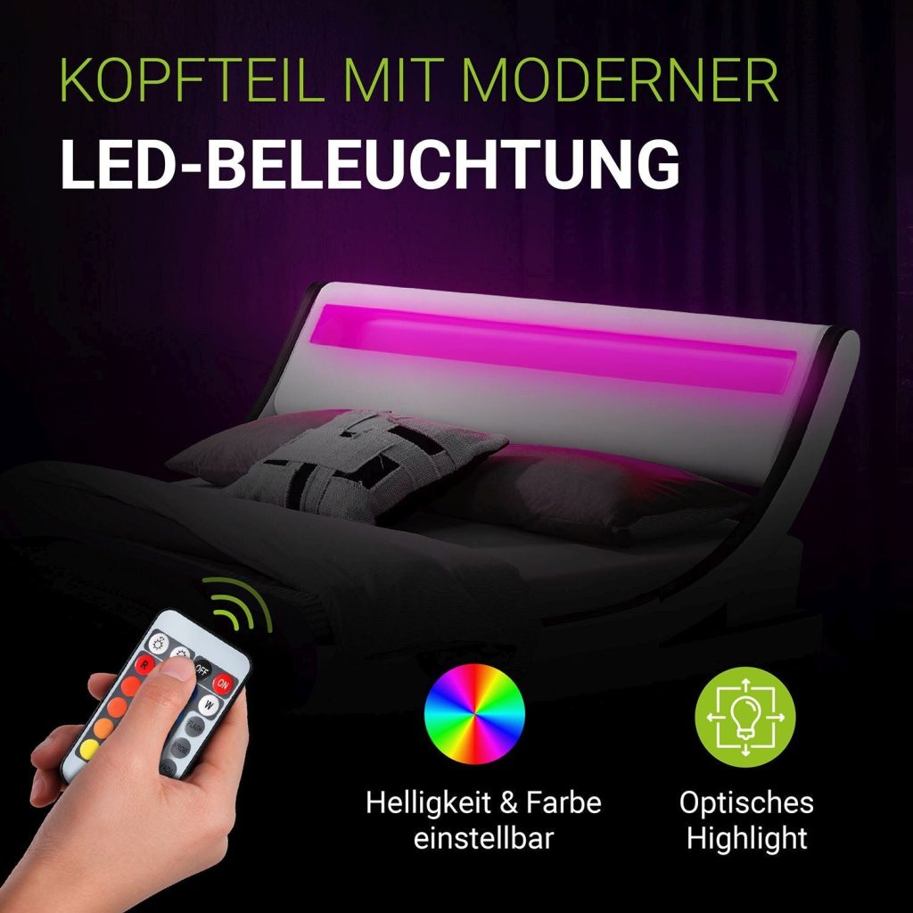 Juskys Polsterbett Valencia – LED-Beleuchtung im Kopfteil mit Fernbedienung