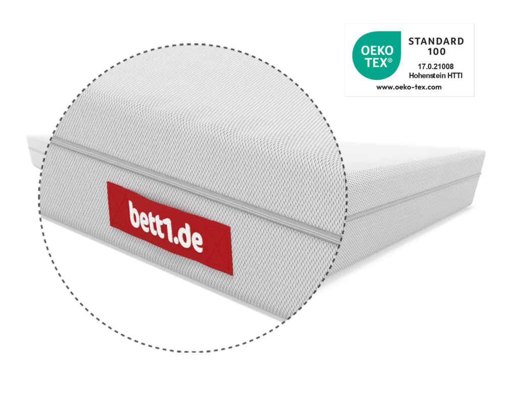 bett1 BODYGUARD Anti-Kartell-Matratze Weich – Nahaufnahme des Bezugs mit OEKO-TEX-Label