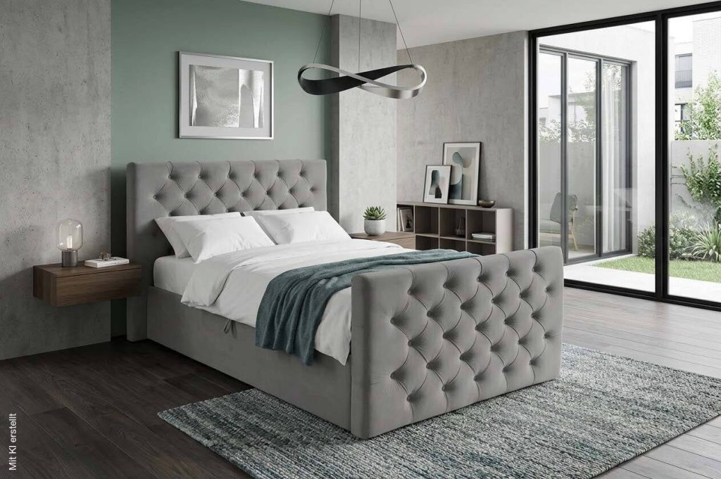 Poco Boxbett Glow mit Knopfsteppung in einem modernen Schlafzimmer
