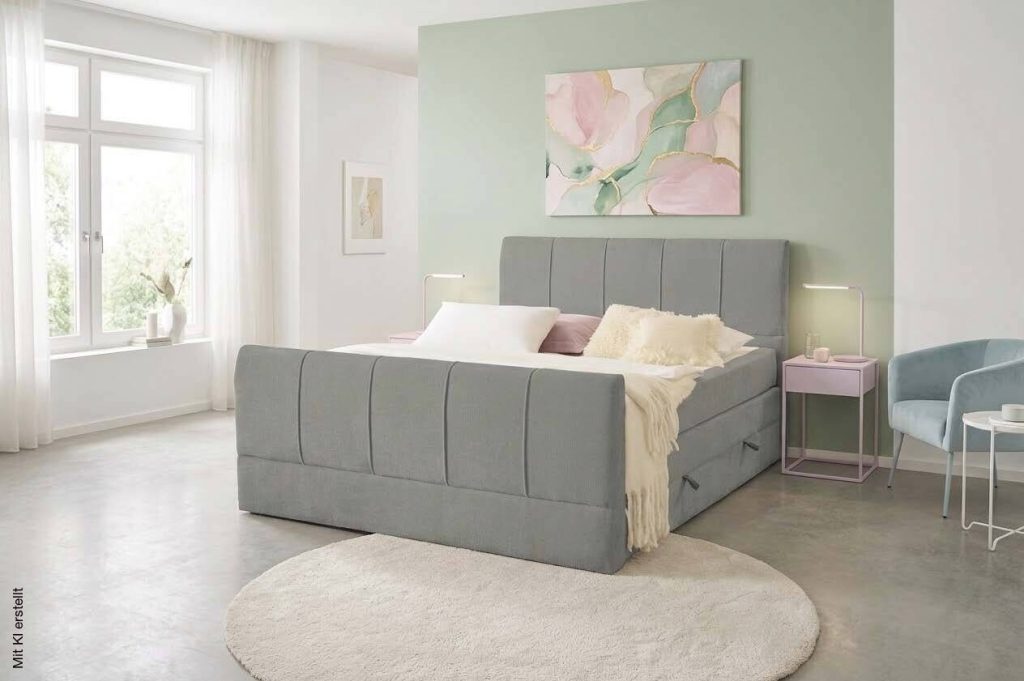 Poco Boxspringbett Harmony in Grau in einem hellen Schlafzimmer
