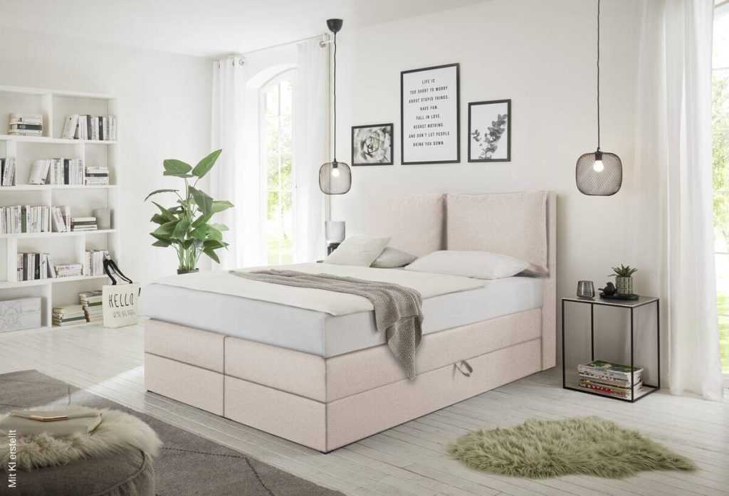 Poco Boxspringbett Lissy in Creme in einem hellen Schlafzimmer