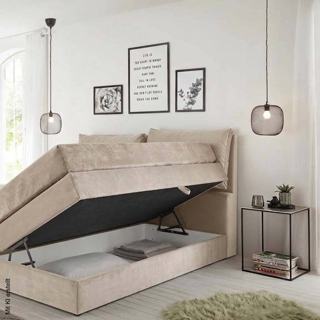 Poco Boxspringbett Lissy mit geöffnetem Bettkasten und Gasdruckfedern